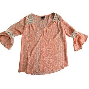 Rue21 Women’s Boho Top Coral/White Small 100% Polyester Aztec Print Bell Sleeve